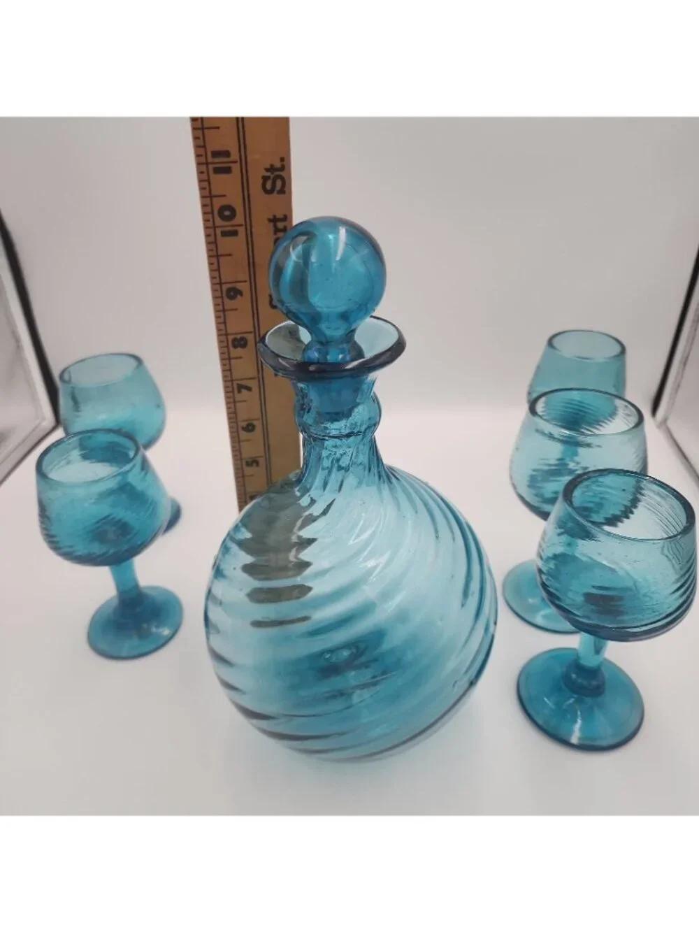DECANTER SET Handblown Torquise Blue Glass 5 Stemmed Glasses 1970s